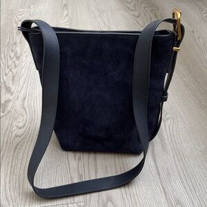 Quince Midnight Blue Suede Shoulder Bag — Italian Suede Bucket Crossbody